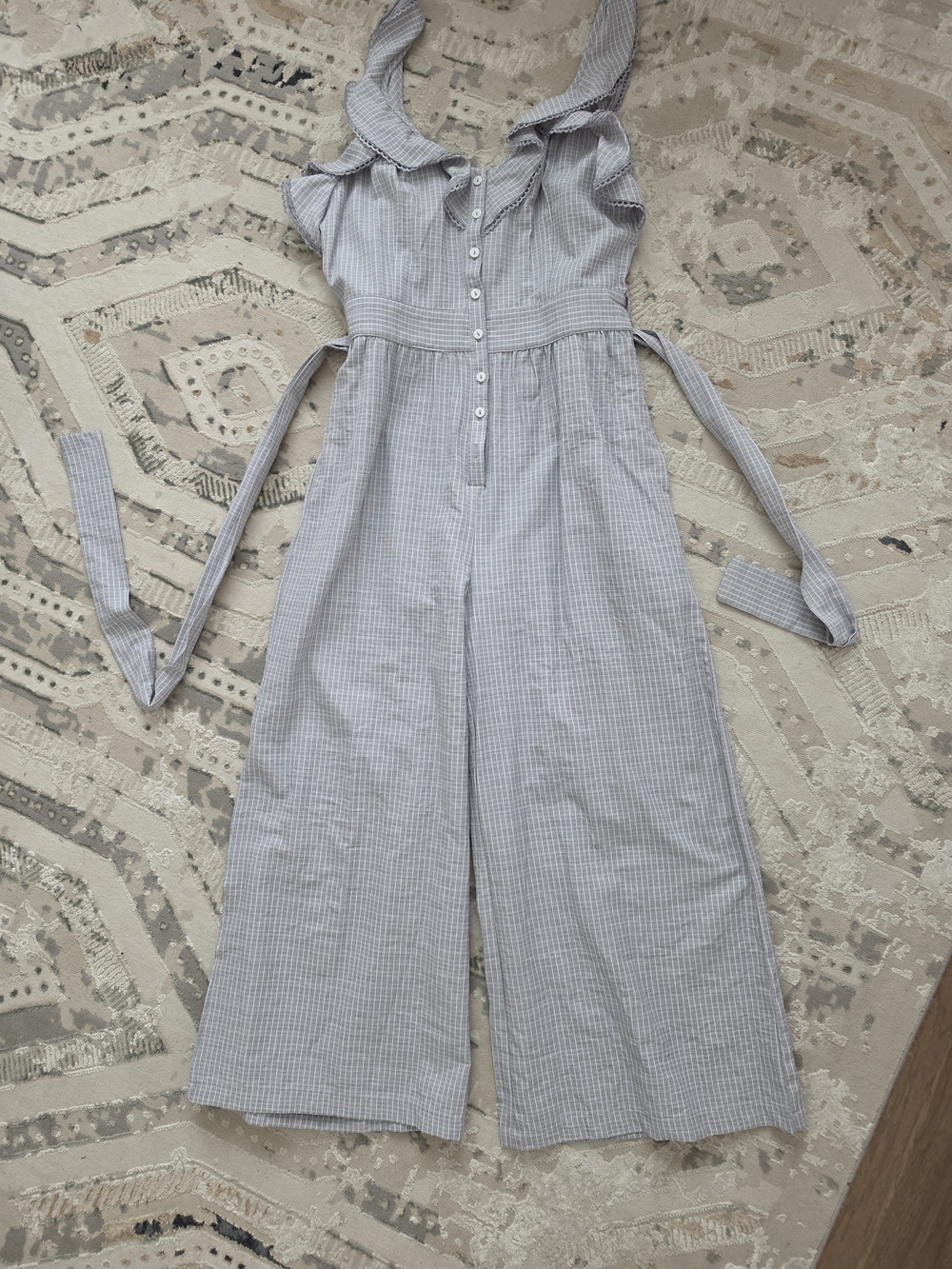 Light Blue Gingham Sleeveless Wide-Leg Jumpsuit